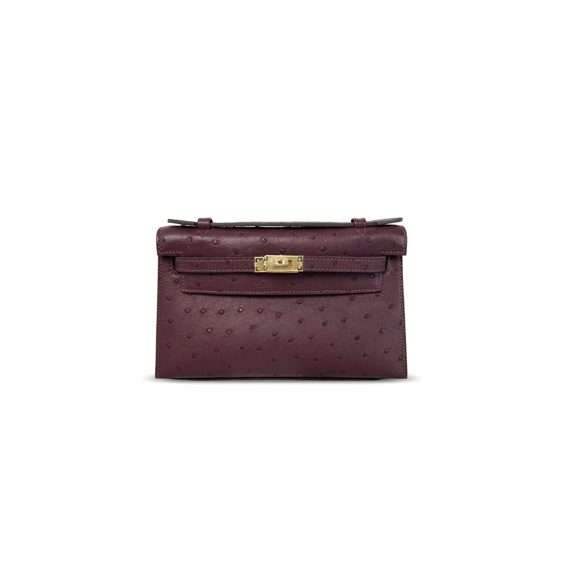 HERMÈS MASTER KELLY POCHETTE BORDEAUX OSTRICH LEATHER GOLD HARDWARE (22*14*7cm)